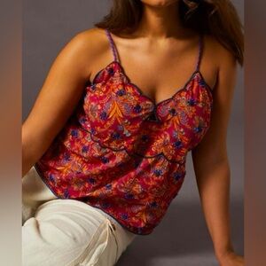 NWT Anthropologie Bare Deco Beaded & Embroidered Babydoll Tank Red Cropped